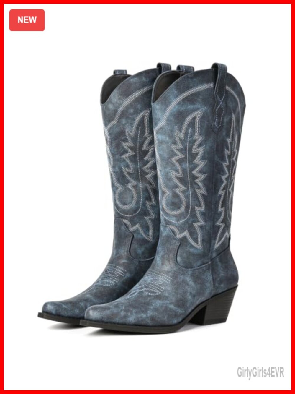 Women's Faux Leather Mid Calf Cowgirl Boots Pointed Toe Chunky Heel Embroidered